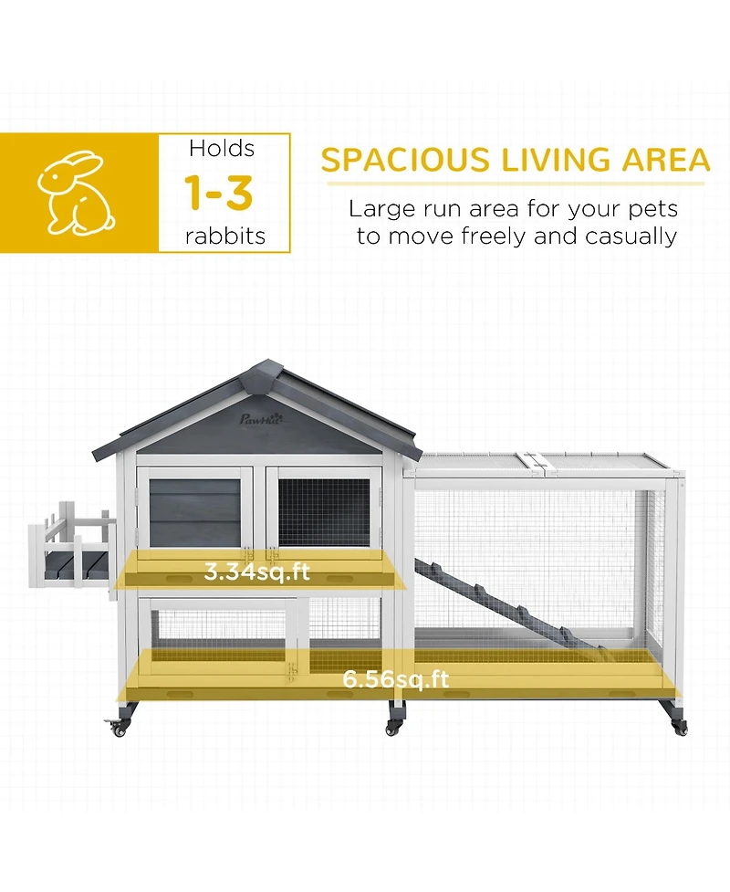 PawHut Wooden Rabbit Hutch with Wheels, Openable Roof, Storage Box