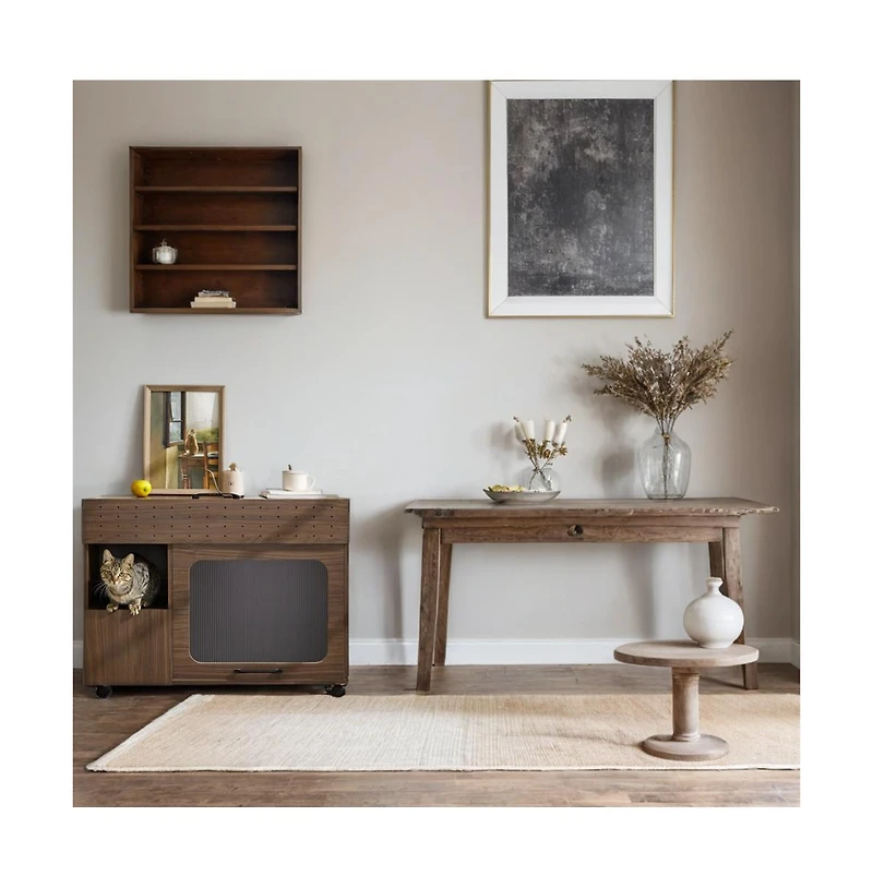 Aostirmotor 35.5 in. Wooden Multi-use Cat litter box house with Storage Made flip-up door in Walnut