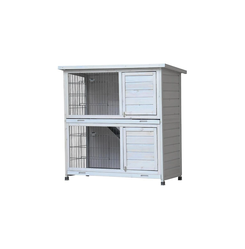 Aostirmotor 41" Outdoor Wooden Rabbit Hutch with 2 Removable No-Leak Trays Non-Slip Ramp Waterproof Roof in Gray