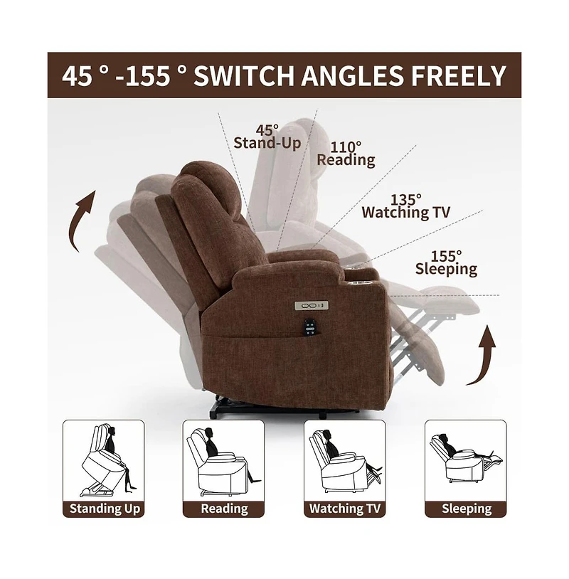 Lift Recliner Chair with Massage, Heat & Usb Charging, Chenille Upholstery, Cup Holders, 350 Lbs Support-Maison Boucle