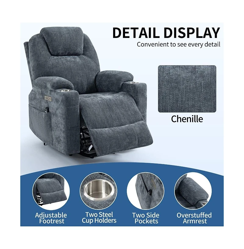 Lift Recliner Chair with Massage, Heat & Usb Charging, Chenille Upholstery, Cup Holders, 350 Lbs Support-Maison Boucle