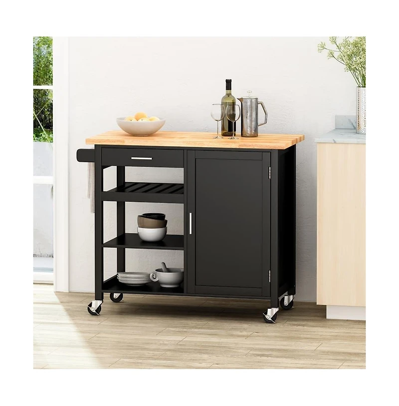 Maison Boucle 41.75" Rolling Kitchen Island with Solid Wood Top, Drawer & Cabinet, Portable Storage Cart Towel Rack-Maison