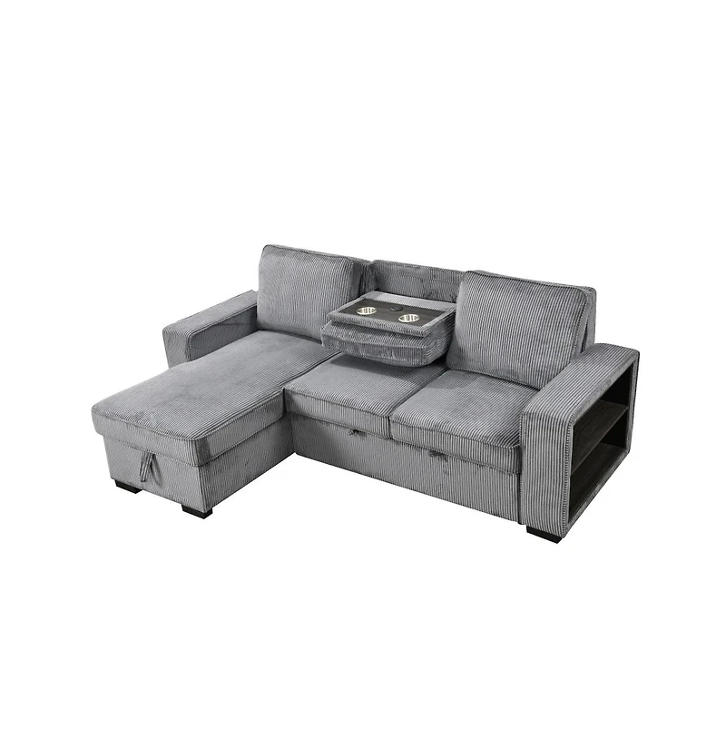 Modern Pull-Out Sofa Bed with Storage Chaise, Usb Charging & Bookshelf Arm, Sleeper Sectional Couch for Small Spaces-Maison Boucle