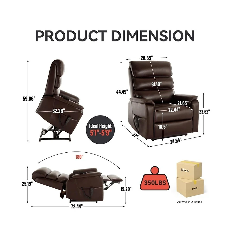 Maison Boucle Dark Brown Faux Leather Power Lift Chair with Heat, Massage & Dual Motor, Heavy Duty Recliner for Elderly with Remote-Maison Boucle