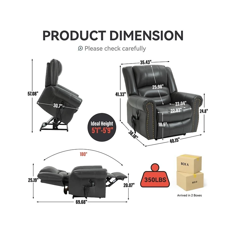 Faux Leather Power Lift Recliner with Massage & Heat, Usb Ports, Dual Motor Infinite Position Electric Chair-Maison Boucle