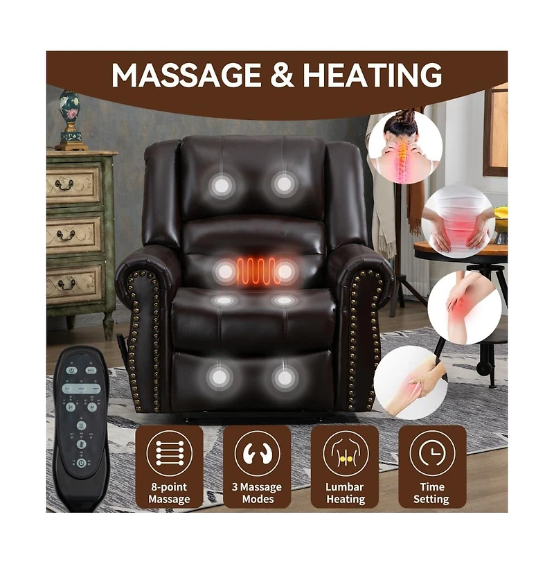 Faux Leather Power Lift Recliner with Massage & Heat, Usb Ports, Dual Motor Infinite Position Electric Chair-Maison Boucle