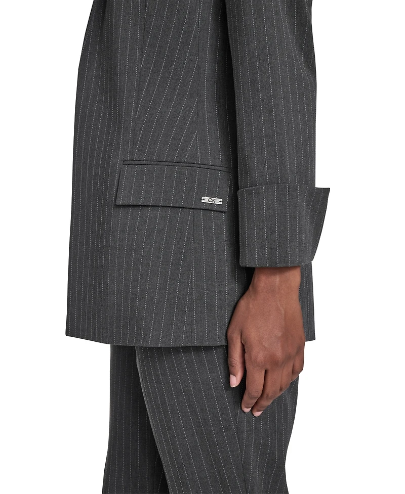 Calvin Klein Petite Pinstripe Pattern Rollback Cuff Open Front Jacket