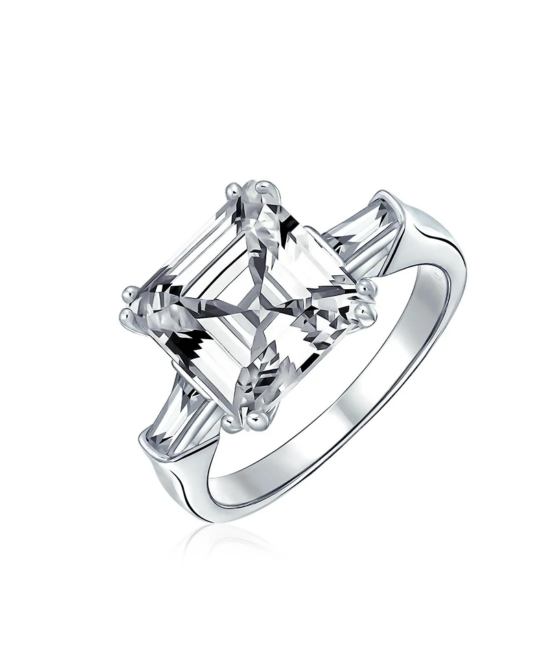 Bling Jewelry 5CT Princess Cubic Zirconia Asscher Cut Solitaire Promise Statement Ring Cz Baguette Side Stones Thin Band Sterling Silver