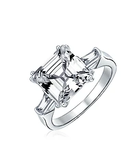 Bling Jewelry 5CT Princess Cubic Zirconia Asscher Cut Solitaire Promise Statement Ring Cz Baguette Side Stones Thin Band Sterling Silver