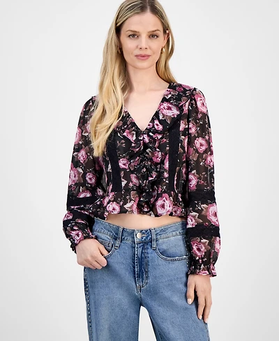 And Now This Petite Printed Long-Sleeve Ruffle Top, Macy's Exclusive