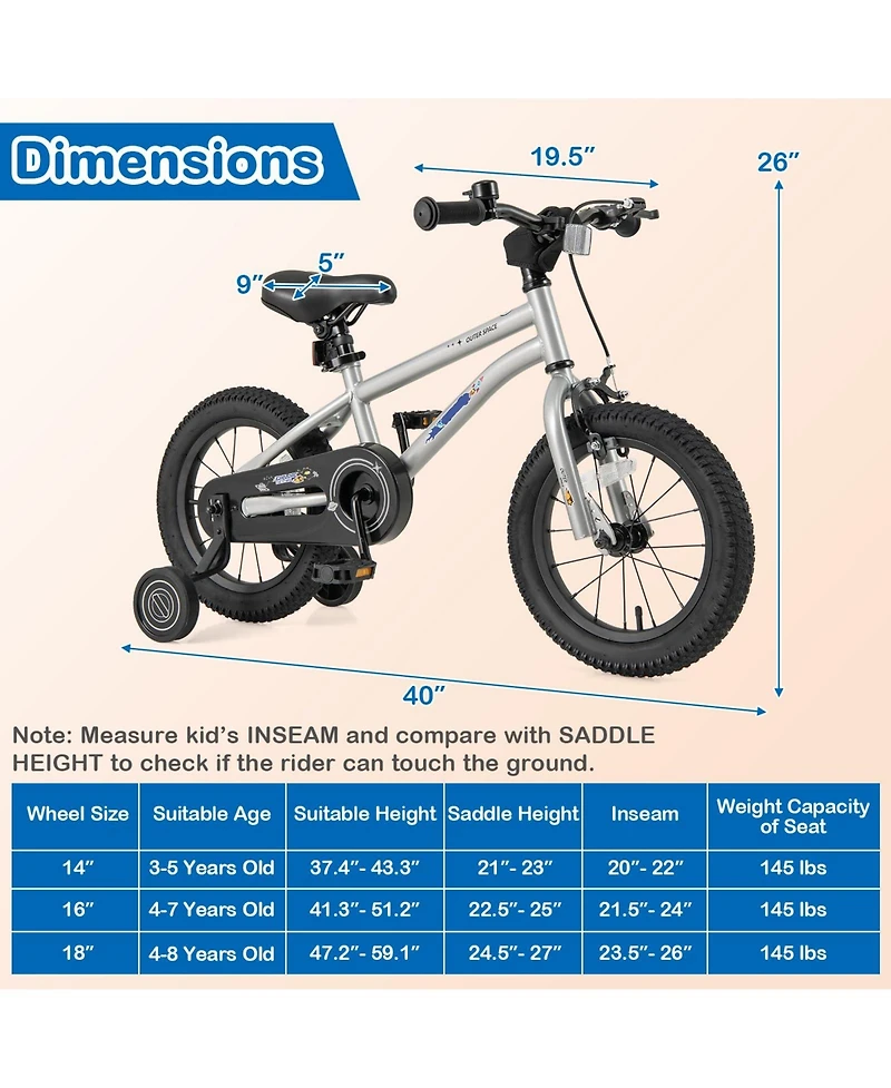 14 Inch Kids Bike Bicycle for Boys Girls 3-8 with High Carbon Steel Frame