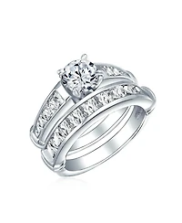 Bling Jewelry Classic Sterling Silver 2CT Round Cz Solitaire & Channel-Set Band Ring Set