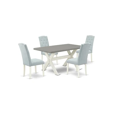 East West Furniture 5-Pc Dining Room Table Set- 4 Upholstered Dining Chairs with Baby Blue Linen Fabric Seat and Button Tufted Chair Back