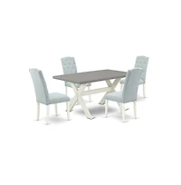 East West Furniture 5-Pc Dining Room Table Set- 4 Upholstered Dining Chairs with Baby Blue Linen Fabric Seat and Button Tufted Chair Back