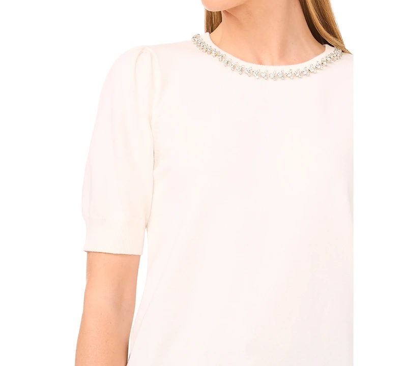 CeCe Women's Embellished Neck Trim Short Sleeve Sweater Top