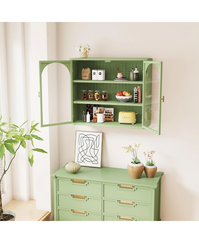Slickblue Modern Two-Door Wall Cabinet with Glass Doors and Three-Tier Storage