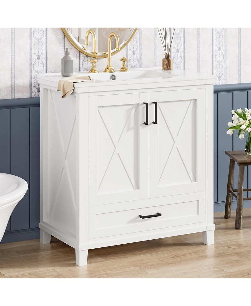 Casainc 30" Bathroom Vanity with Sink, Solid Wood Frame and Mdf, 2 Soft-Close Doors, Drawer and Storage Shelves