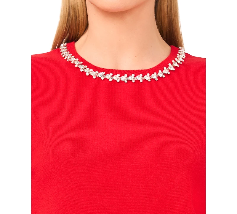 CeCe Women's Embellished Neck Trim Short Sleeve Sweater Top
