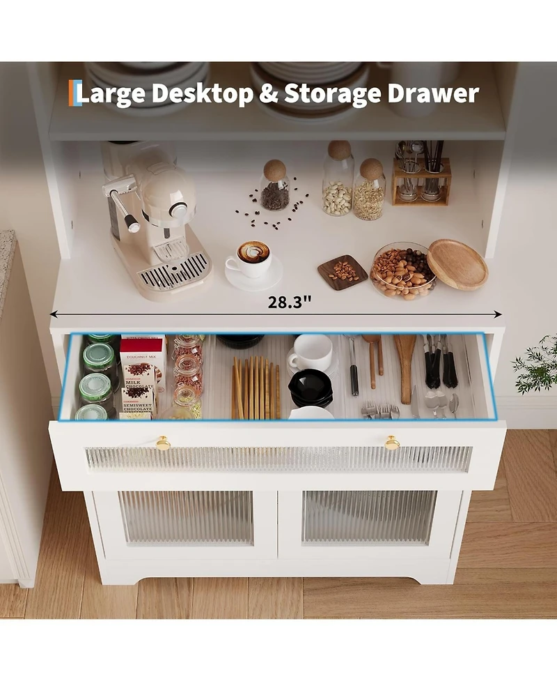 gaomon Kitchen Pantry Cabinet, 62 Inch Freestanding Hutch Cupboard with Large Countertop, Glass Doors, Drawer and Adjustable Shelves, Microwave Cabine