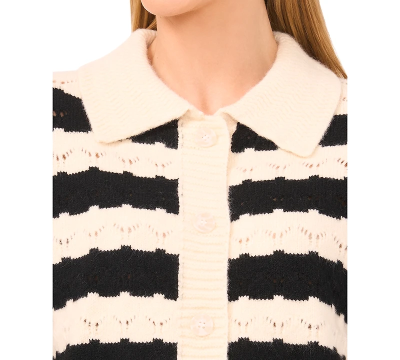 CeCe Women's Wide Collar Striped Long Sleeves Cardigan