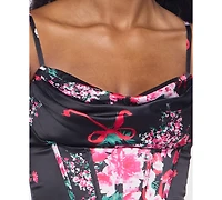 Alex & Sophia Juniors' Tiered Satin Skirt Corset Draped Neck Dress