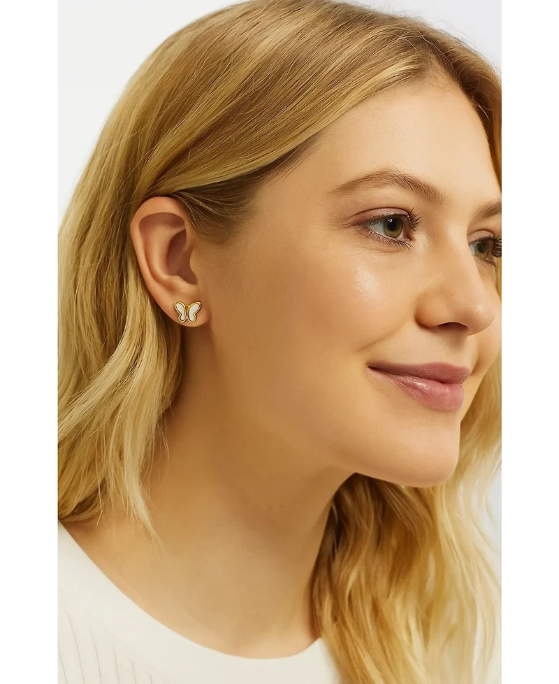 Hollywood Sensation Gold Butterfly Stud Earrings Featuring Mother of Pearl Inlay