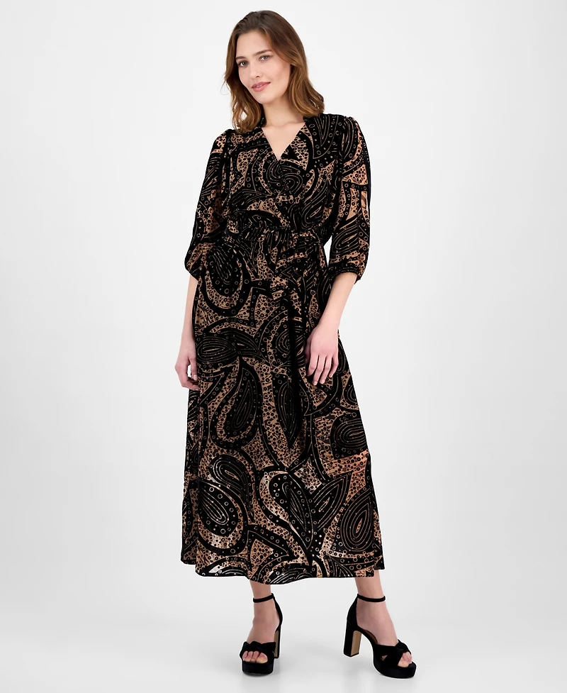 Robbie Bee Women's Printed V-Neck Maxi Dress