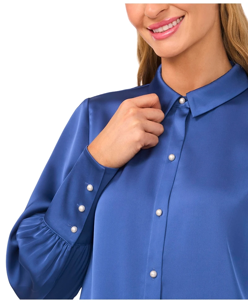 CeCe Women's Luxe Satin Imitation Pearl Button Down Blouse