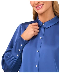 CeCe Women's Luxe Satin Imitation Pearl Button Down Blouse