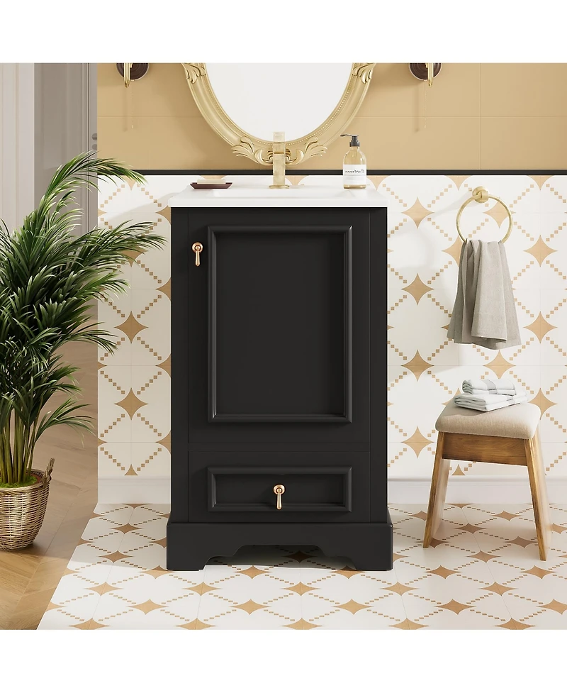 Casainc 20; Bathroom Vanity with Ceramic Sink, Soft-Close Door, U-Shaped Shelf, Drawer and Storage Rack