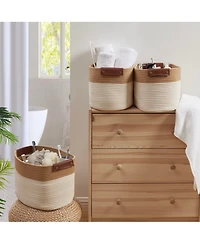 Ornavo Home 3 Pack Cotton Rope Shelf Storage Basket with Faux Leather Handles