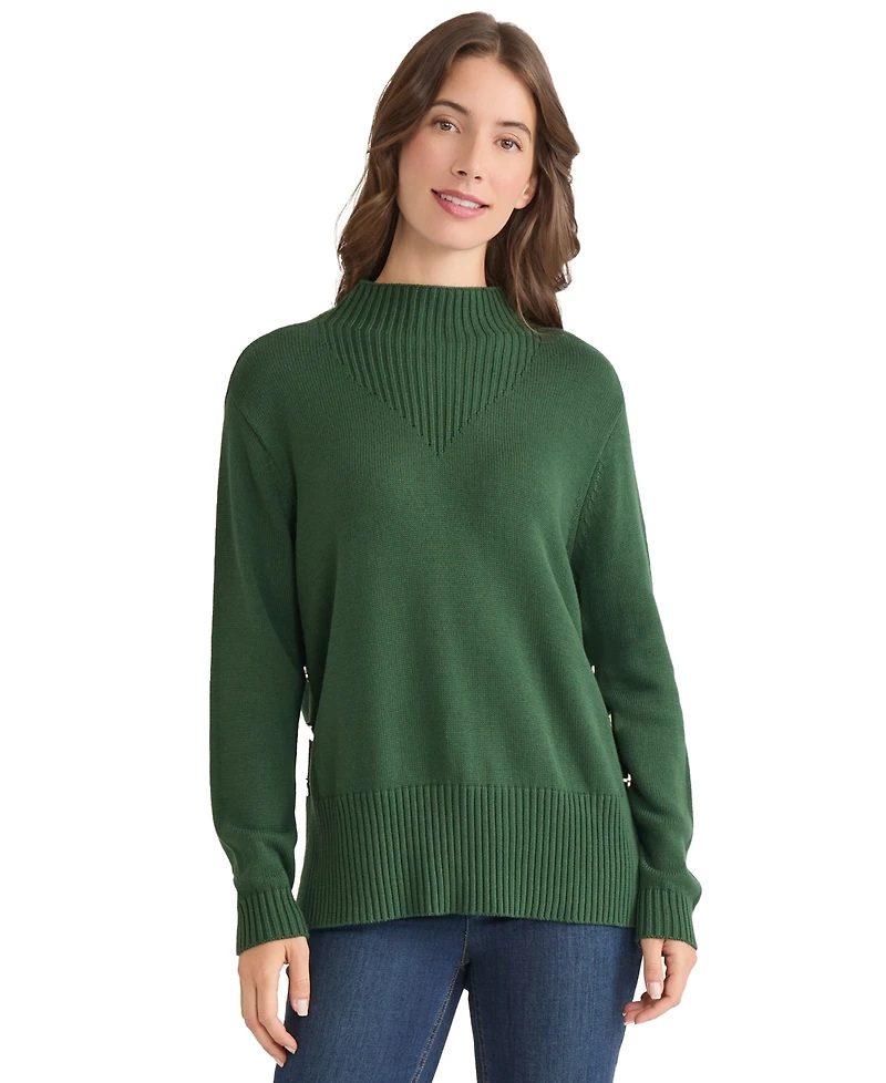 Jones New York Women's Side Seam Button Mock Neck Sweater