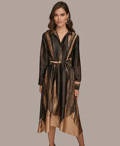 Donna Karan New York Women's Printed Long Sleeve Twist Waist Dress