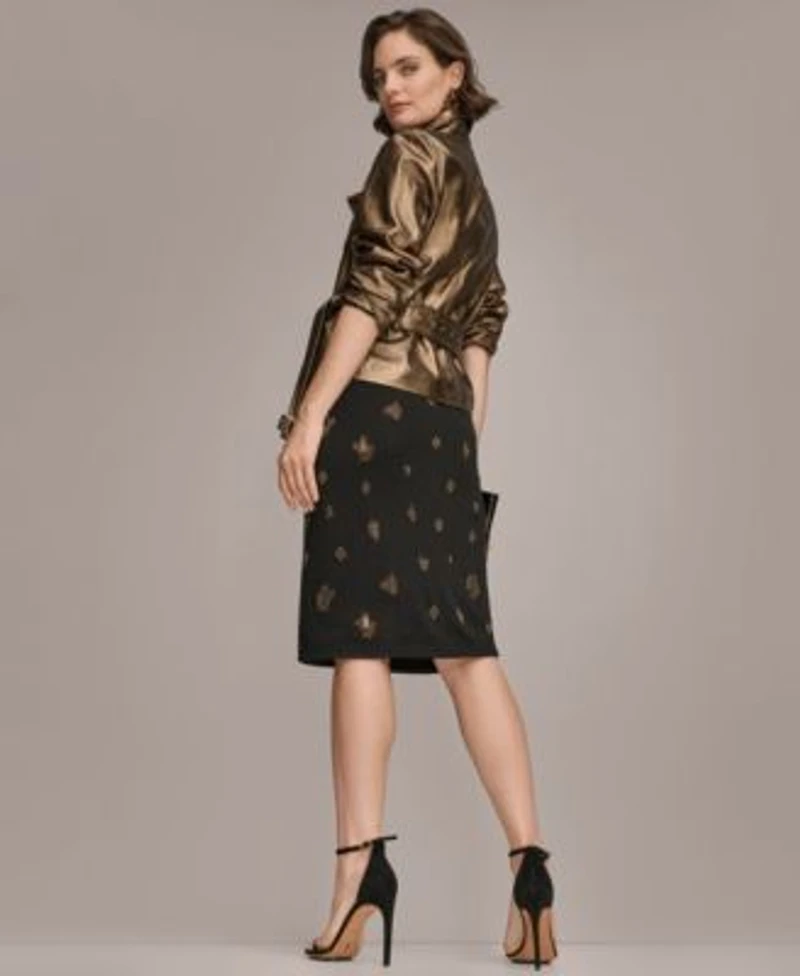 Donna Karen New York Womens Sleeveless Ruching Embellished Top Embroidered Ruched Skirt