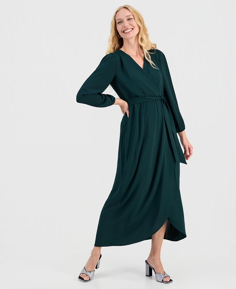 Connected Women's Surplice-Neck Faux-Wrap Long-Sleeve Dress