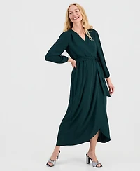 Connected Women's Surplice-Neck Faux-Wrap Long-Sleeve Dress