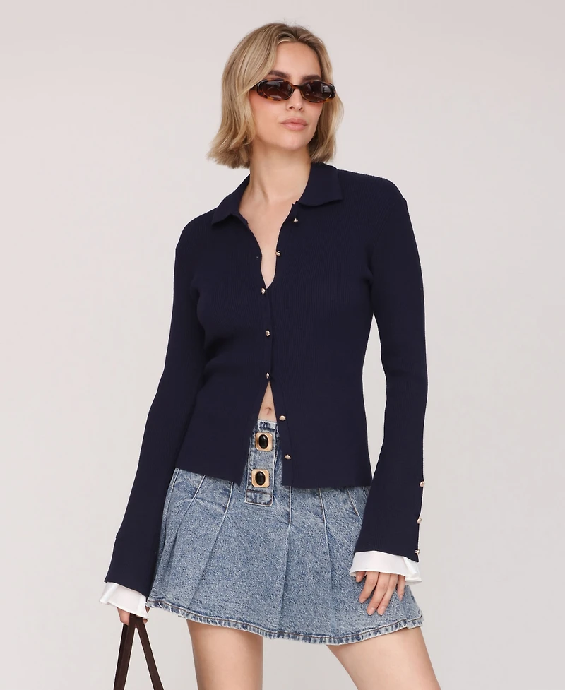 Avec Les Filles Women's Spread Collar Combo Cuff Cardigan