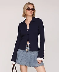 Avec Les Filles Women's Spread Collar Combo Cuff Cardigan