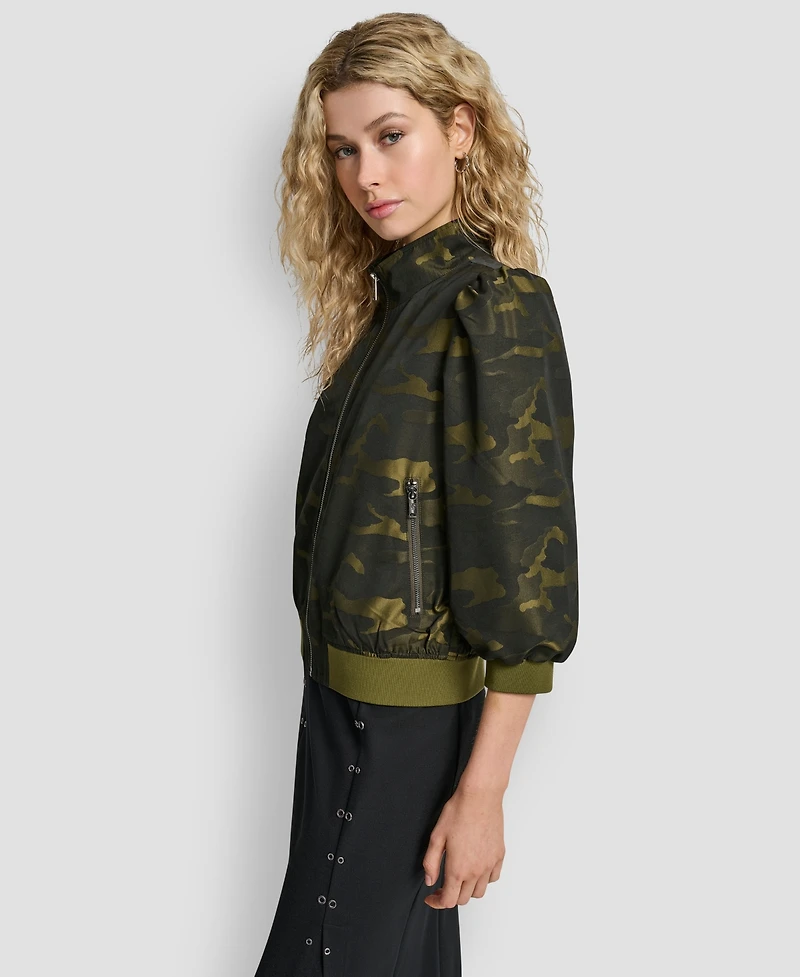 Dkny Women's Camo Jacquard Bomber 3/4-Sleeves Jacket