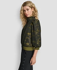 Dkny Women's Camo Jacquard Bomber 3/4-Sleeves Jacket