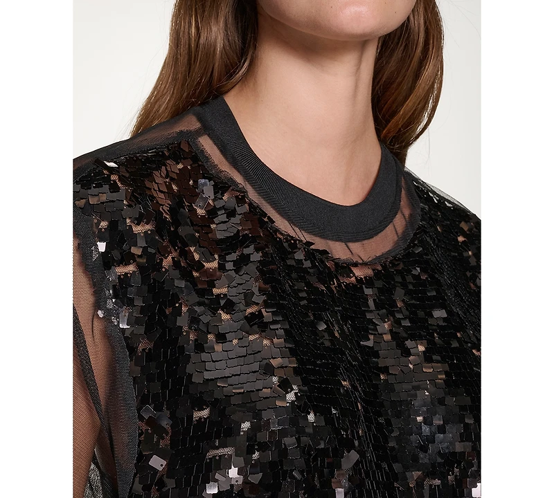 Dkny Women's Sequined Layered Short Sleeves Mesh Top