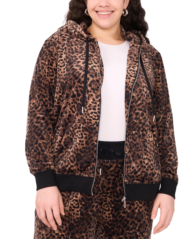 Vince Camuto Plus Velour Animal-Print Zip-Front Hoodie Jacket