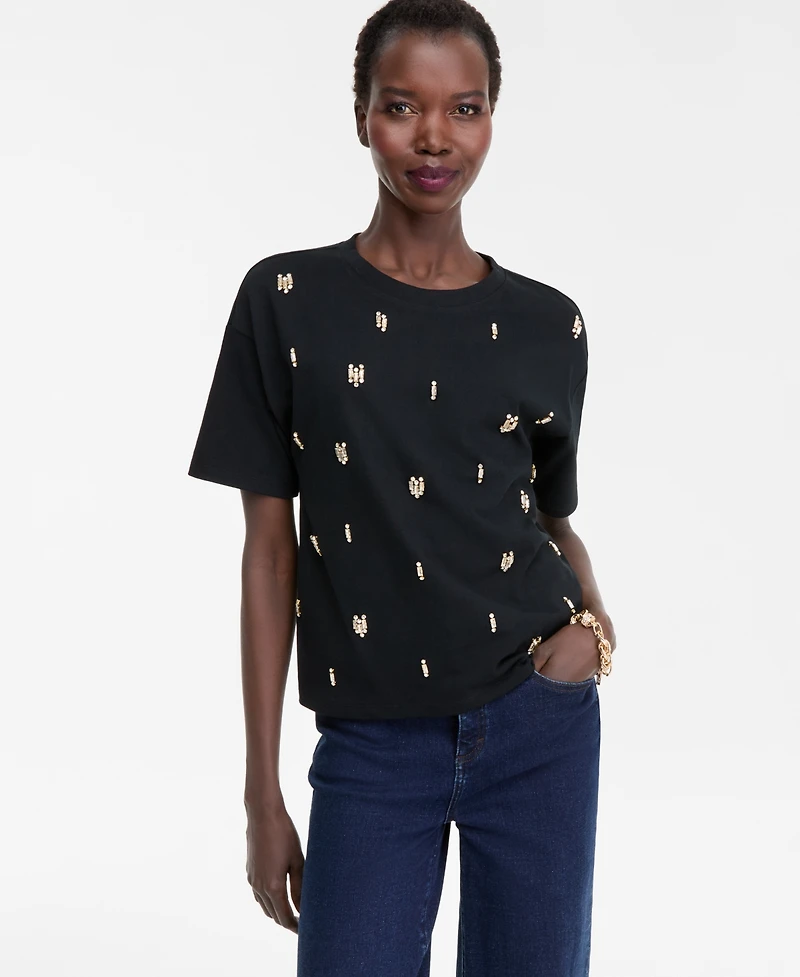 I.n.c. International Concepts Women's Cotton Embellished Tee, Macy's Exclusive