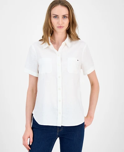 Tommy Hilfiger Women's Cuffed Short-Sleeve Camp Shirt