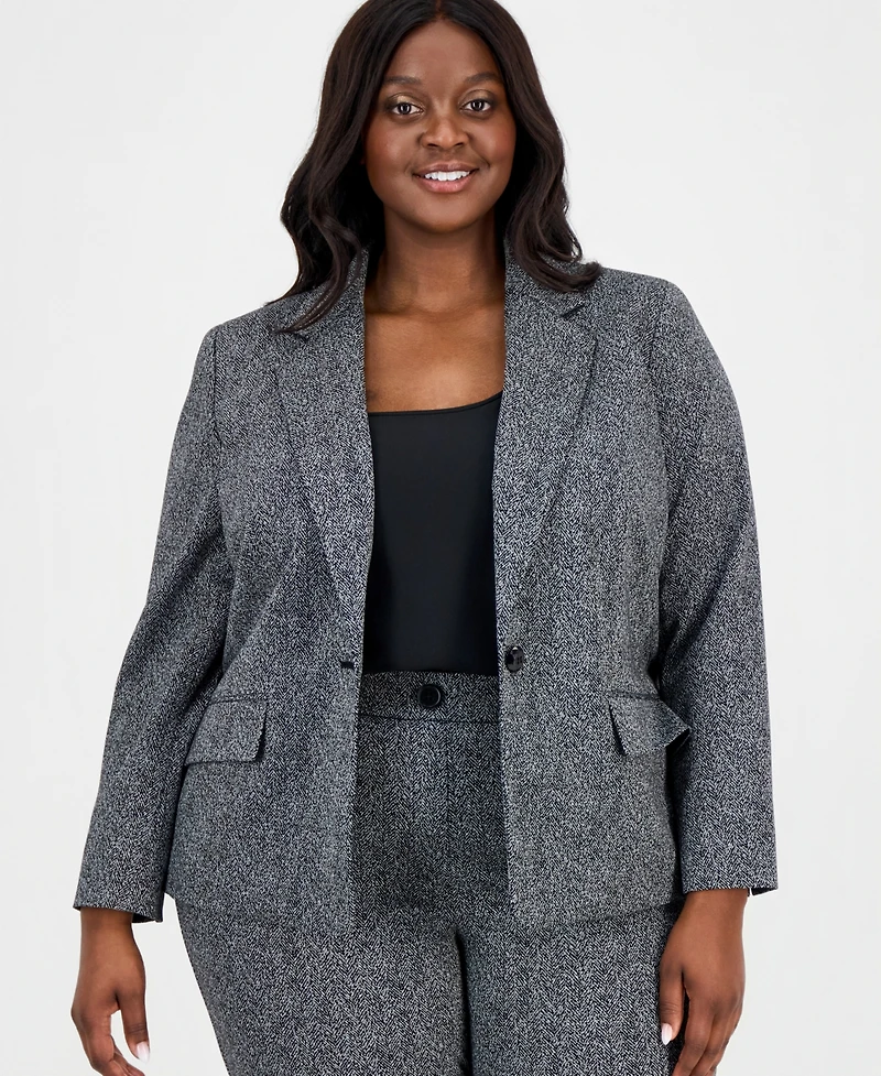 Kasper Plus Herringbone One-Button Blazer