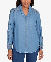 Alfred Dunner Women's Sunset Canyon Needlepoint Embroidered Button Front Top