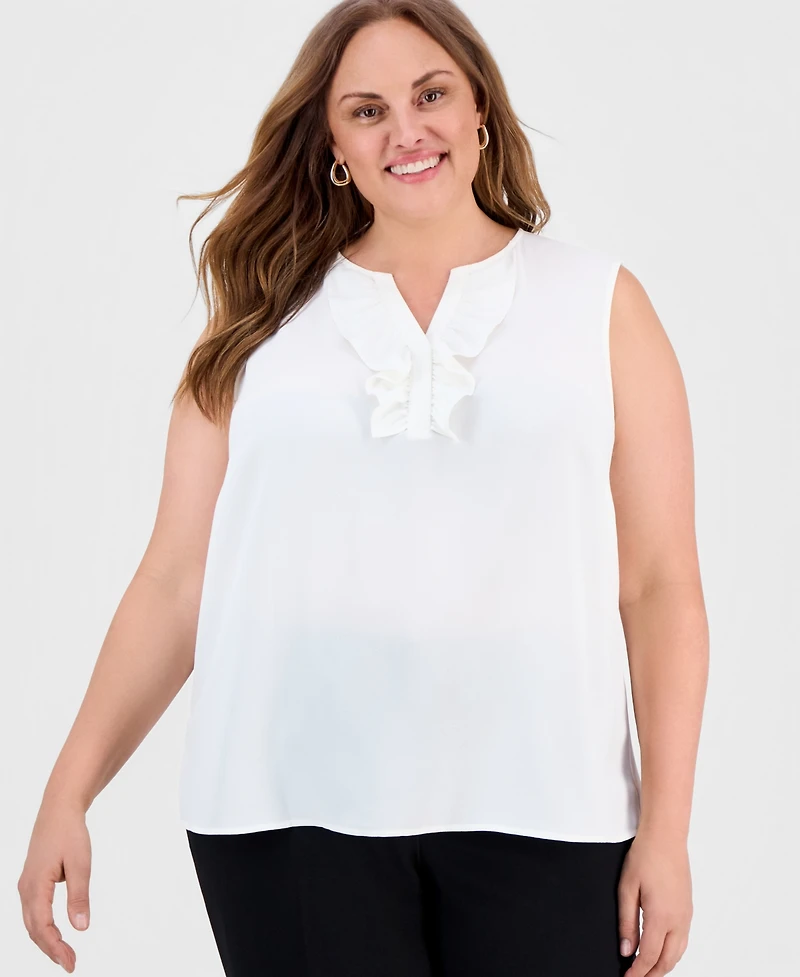Kasper Plus Ruffle-Front Sleeveless Top