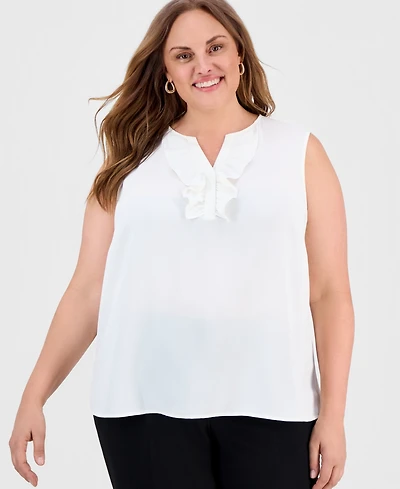 Kasper Plus Ruffle-Front Sleeveless Top