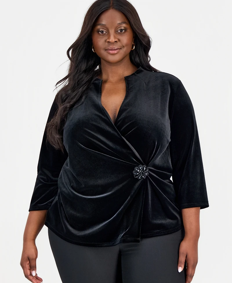 Kasper Plus Velvet Embellished Wrap Top