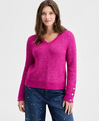 On 34th Women's V-Neck Jewel-Button-Cuff Sweater, Macy's Exclusive